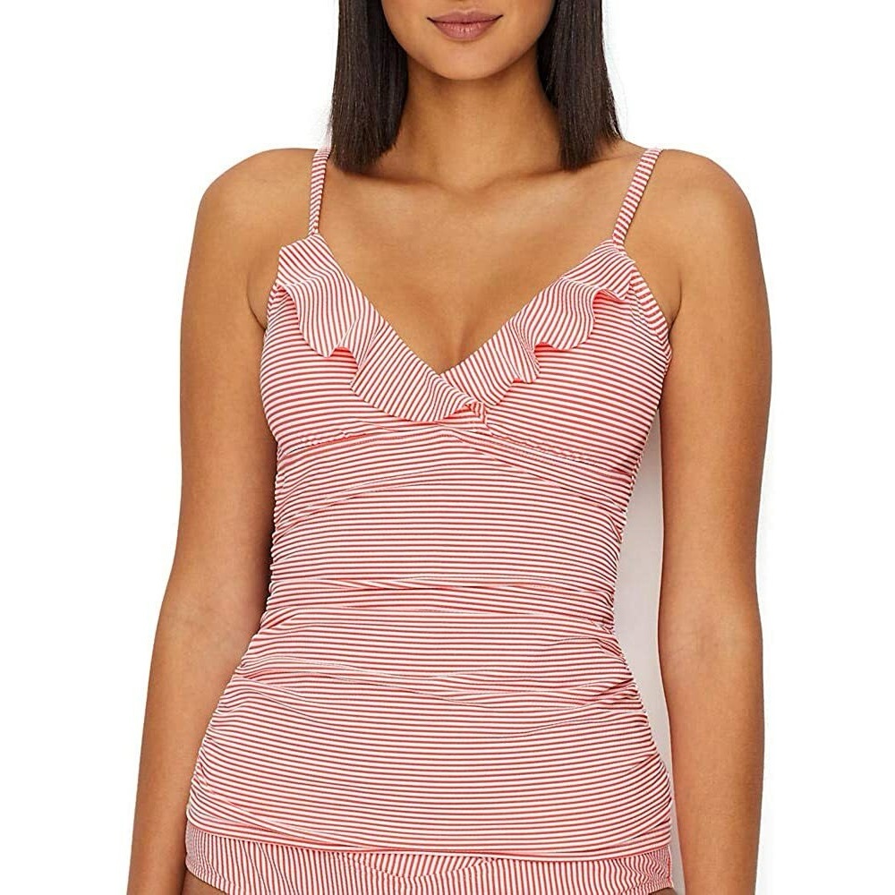Ralph Lauren Orange Striped Seersucker Ruffle Swim Tankini Bathing Suit Top - Picture 2 of 4